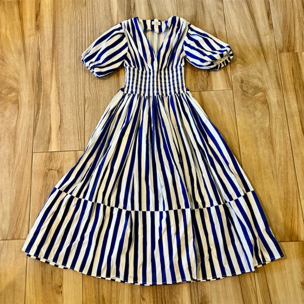 AYR Dress Womens XS Blue & White Striped V-Neck Puff Sleeve Midi Maxi